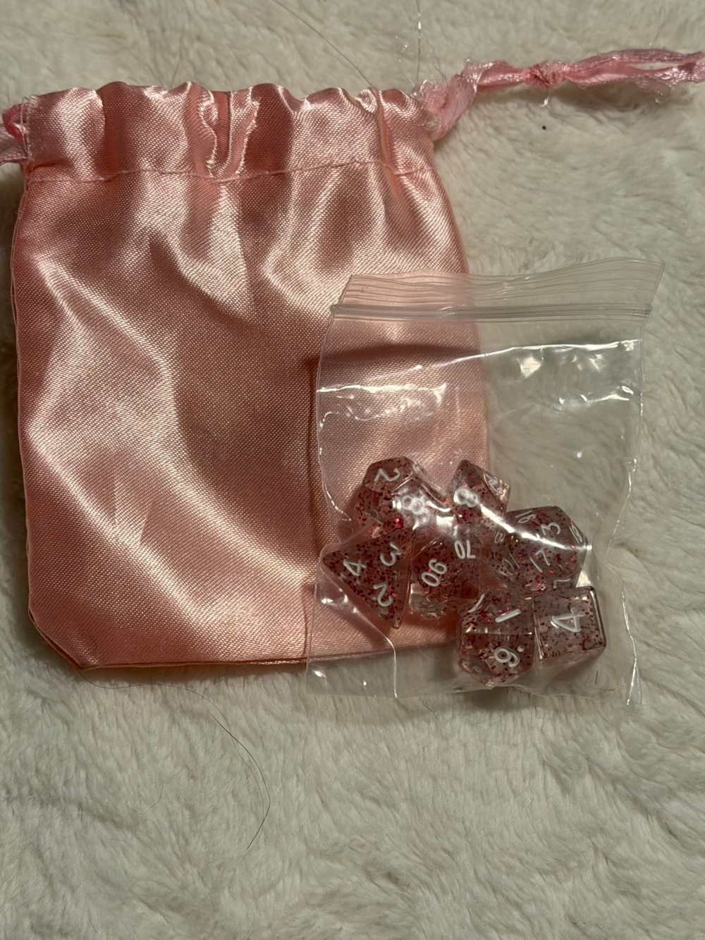 Pink Satin Dice Bag with Clear Pink Glitter Dice Set